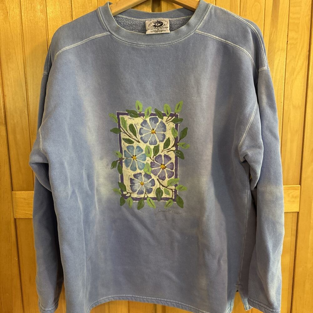 Rare Vtg 90s Authentic Pigment Sweatshirt Blue Floral M Made in Russia Faded